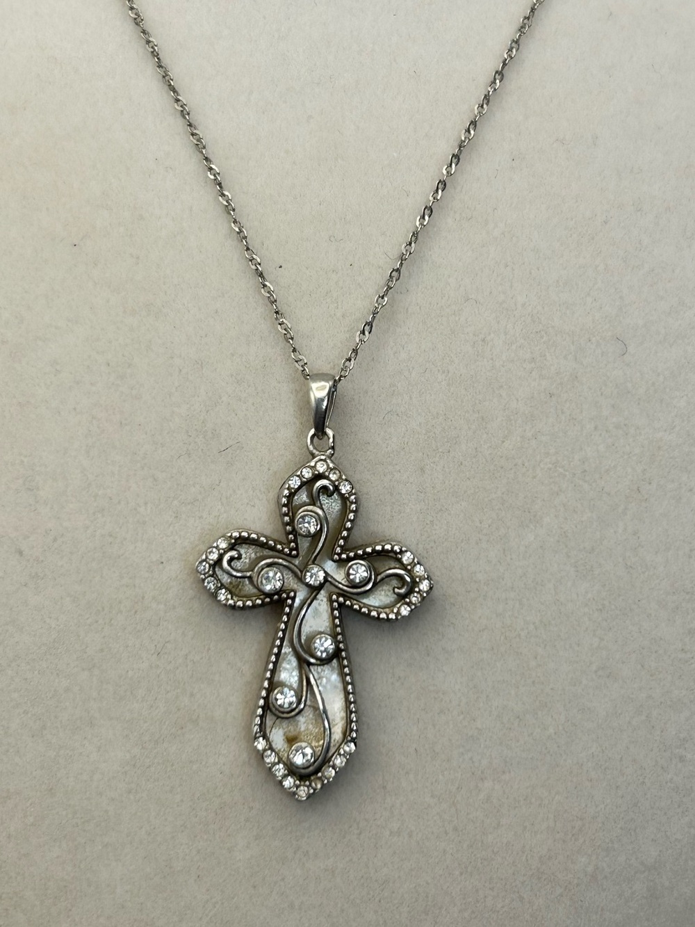 Sterling Silver Crystal Cross Necklace 19" Raised Design Stamped 925 Vintage